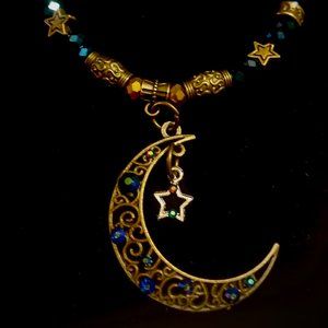 Celestial Elegance - Antique Gold Star Beaded Necklace with Moon Pendant